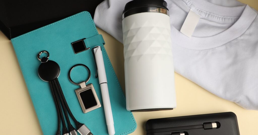 Promotional gift set with white tumbler, folded T-shirt, notebook, power bank, pen, keychain and charging cables.